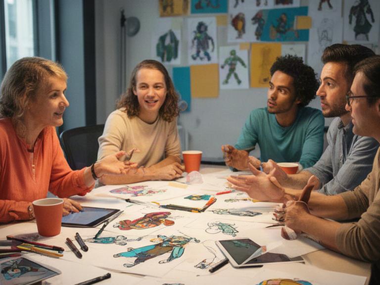 Game development team reviewing colorful character sketches around a studio table in Pennsylvania